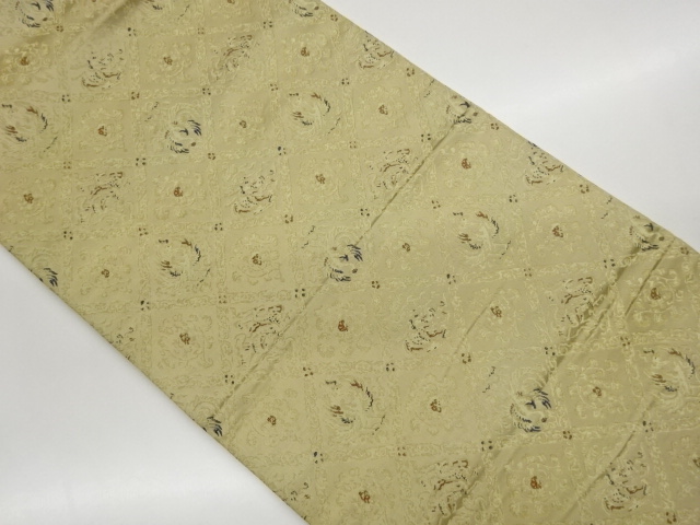 襷に鳳凰・龍・花唐草模様織出し開き名古屋帯（額縁仕立て）